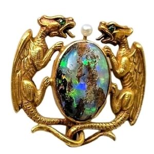 Antique 14K Gold Opal Griffin Dragon Brooch Art Nouveau Estate Watch Pin Rare